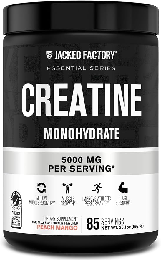 Jacked Factory Flavored Creatine Monohydrate Powder 425g - Creatine Supplement for Muscle Growth, Strength & Performance - 85 Servings, Peach Mango