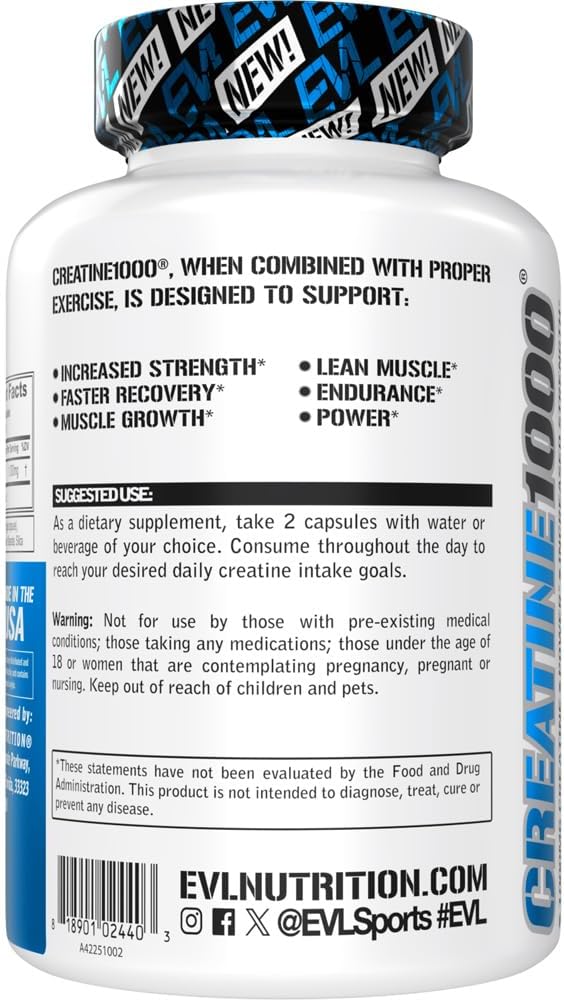 Evlution Pure Creatine Monohydrate Capsules 1000mg Nutrition Pre and Post Workout Recovery Vegan Creatine Pills for Gains and Muscle Recovery Supplement - Muscle Builder for Men