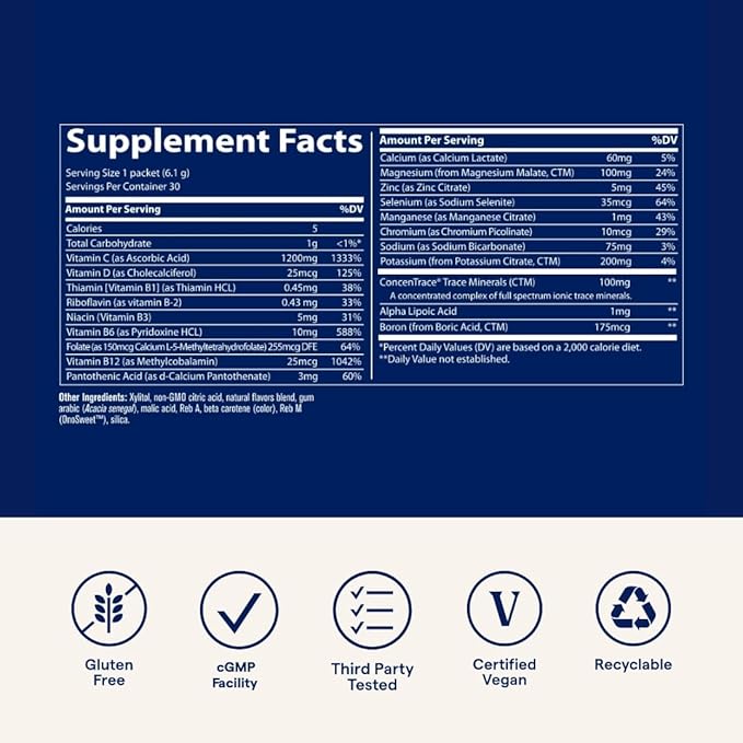 Trace Minerals | Power Pak Sugar Free Electrolyte Powder Packets | 1200 mg Vitamin C, Zinc, Magnesium | Boost Immunity, Hydration and Natural Energy | Keto Friendly | Orange Mango | 60 Packets