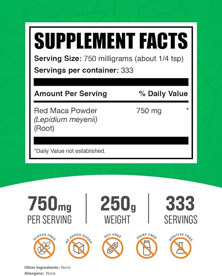 BulkSupplements.com Red Maca Powder - Maca Supplement. Red Maca Powder for Women & Men, Red Maca Root Powder - Vegan & Gluten Free, 750mg per Serving, 250g (8.8 oz) (Pack of 1)