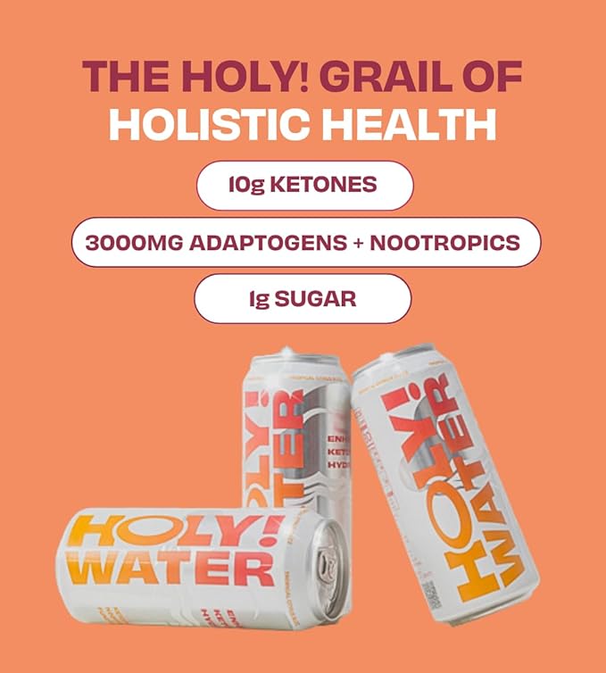 Holy! Water - Ketone Hydration with Nootropics, Adaptogens and Functional Mushrooms for Mood Boosting, Fat Burning, Stress Relief, Fuel - Tropical Citrus (12 Cans) (12 Pack) *Ketones are potent and the tatse profile is for full function*