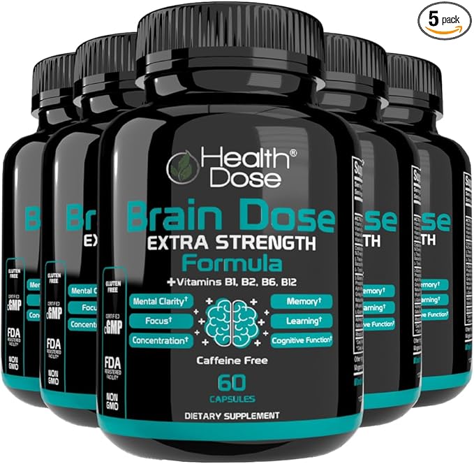 Brain Dose Premium Nootropics - Caffeine-Free Extra Strength Formula for Men & Women - Supports Brain Health, Cognitive Focus & Memory Retention, Pack of 5.