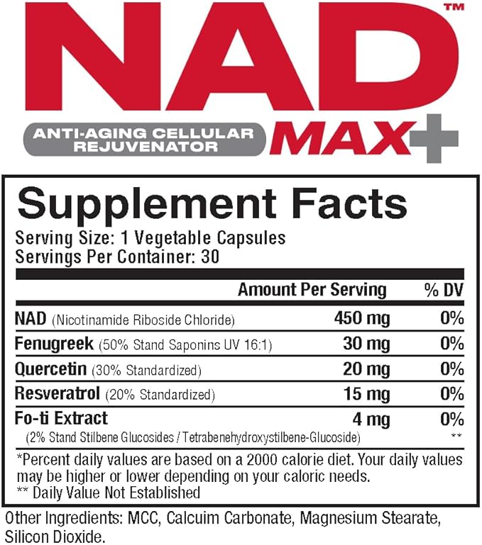 Metabolic Nutrition NAD MAX Plus+ 450mg of NAD + Fenugreek, Quercetin, Resveratrol and Fo-ti Extract for Anti-Aging Cellular Rejuvination, Also Supports Cellular Energy,30 Vegetable Capsules