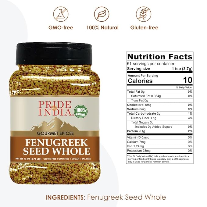 Pride of India – Fenugreek Seed Whole – Whole & Gourmet Indian Spice – Ideal Seasoning for Cooking – Free of Preservatives – Easy to Use – 12 oz. Medium Dual Sifter Jar