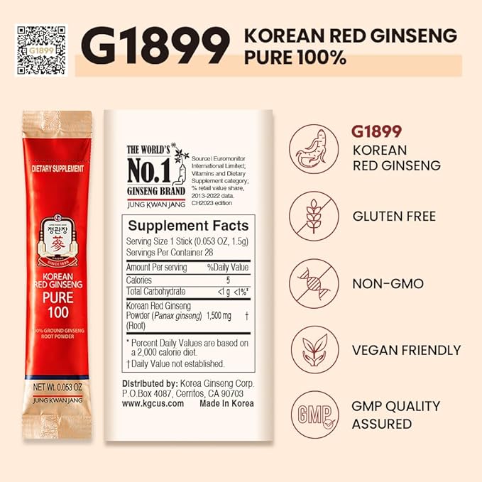 JungKwanJang Pure 100 Korean Red Ginseng Extract Powder Sticks, 28 Count