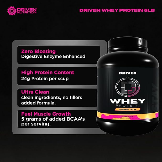 Driven WHEY- Whey Protein Powder: Delicious, Clean Protein Shake- Improve Muscle Recovery with 23 Grams of Protein with Added BCAA and Digestive Enzymes (5lb, Caramel Latte)