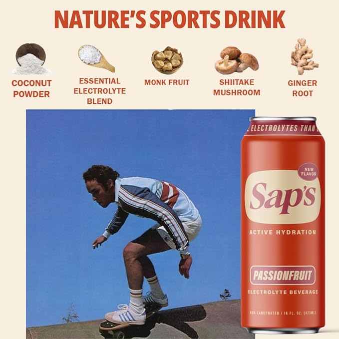 Sap’s Rapid Rehydration Sports Drink - 12 Cans, Passionfruit with Electrolytes and Adaptogens for Workouts, Wellness - ZERO Artificial Colors, Flavors, or Sugars