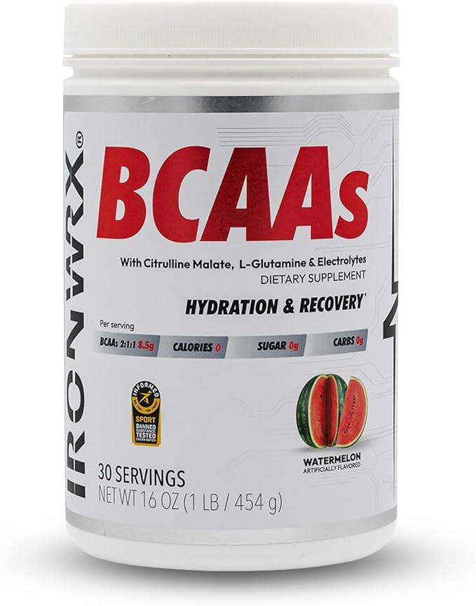 BCAA Powder | Watermelon Flavor | 30 SERVINGS | Zero Sugar | 2:1:1 Leucine, Valine, and Isoleucine Ratio with Citrulline Malate and L-Glutamine | Muscle Growth, Recovery, and Soreness Support