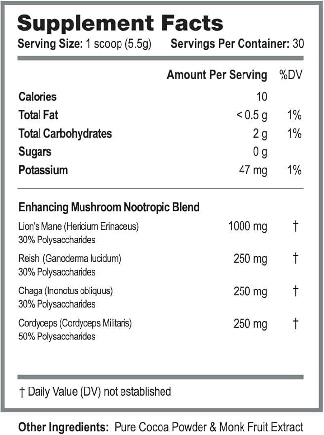 Genius Mushrooms 2.0 - Cocoa Flavored Mushroom Supplement Powder With Lions Mane, Reishi, Chaga & Cordyceps - Adaptogens Supplements - Nootropic Brain Supplement - Adaptogen Drink Mix - 1 Month Supply