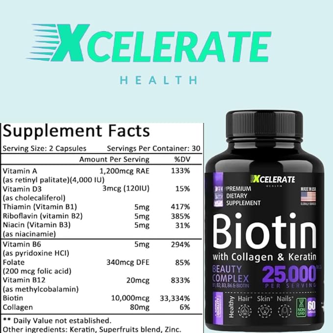 Radiant Glow Complex with Collagen Biotin Keratin Niacin Folate Vitamin B12 & D Skin Hair and Nail Health 25,000