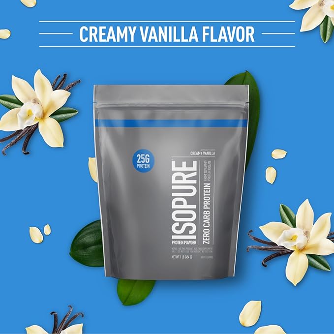 Isopure Zero Carb 100% Pure Whey Isolate Protein Powder, Lactose Free, Gluten Free, With Vitamins, Creamy Vanilla, 25g Protein Per Serving, 1 Lb, 15 Servings