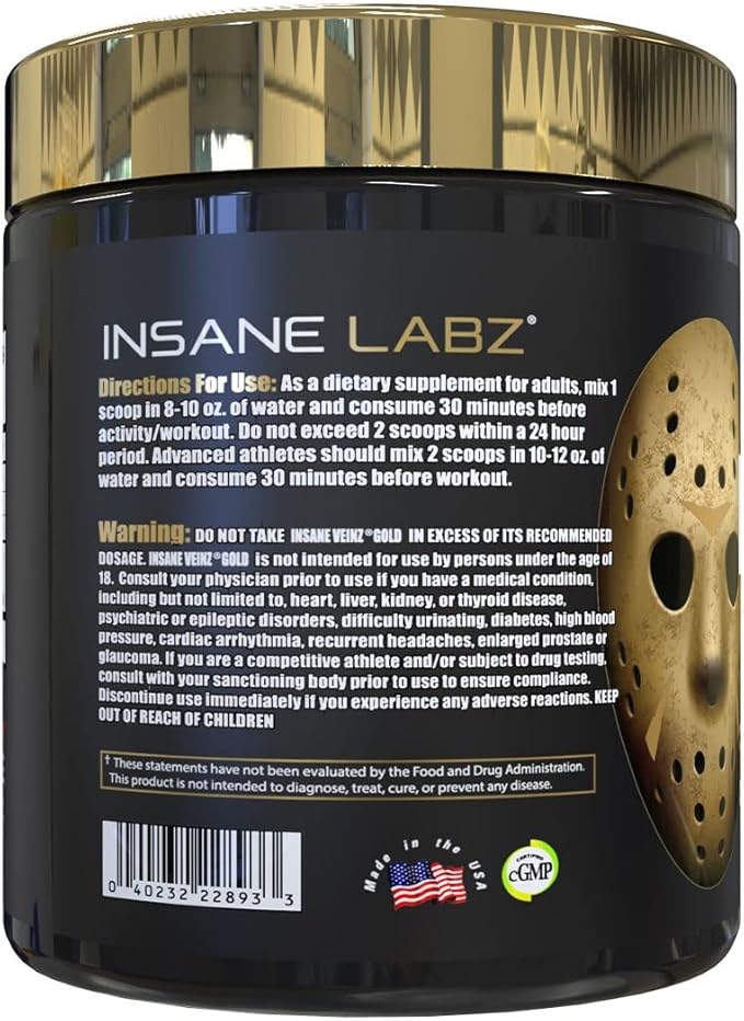 Insane Labz Insane Veinz Gold, Nitric Oxide Non Stimulant pre Workout Powder, Loaded with Hydromax, Nitrosigine, Increases Vascularity and Blood Flow, 30 Srvgs, Fruit Punch
