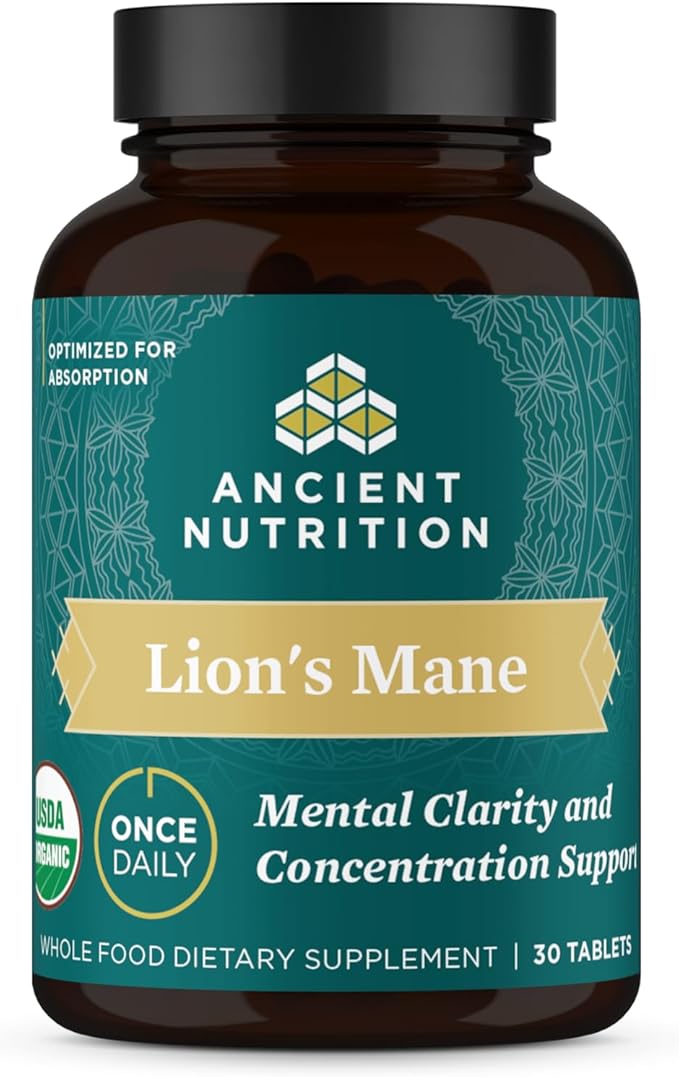Organic Lion's Mane Mushroom Supplement with Ashwagandha by Ancient Nutrition, Organic Lion's Mane Supports Healthy Energy and Concentration, Reduces Fatigue, Gluten Free and Keto Friendly, 30 Tablets