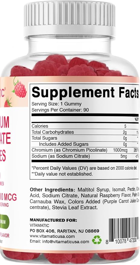 Vitamatic Chromium Picolinate 1000 mcg - 90 Gummies - High Potency Chromium - Raspberry Flavor (Total 180 Gummies) 2 Packs