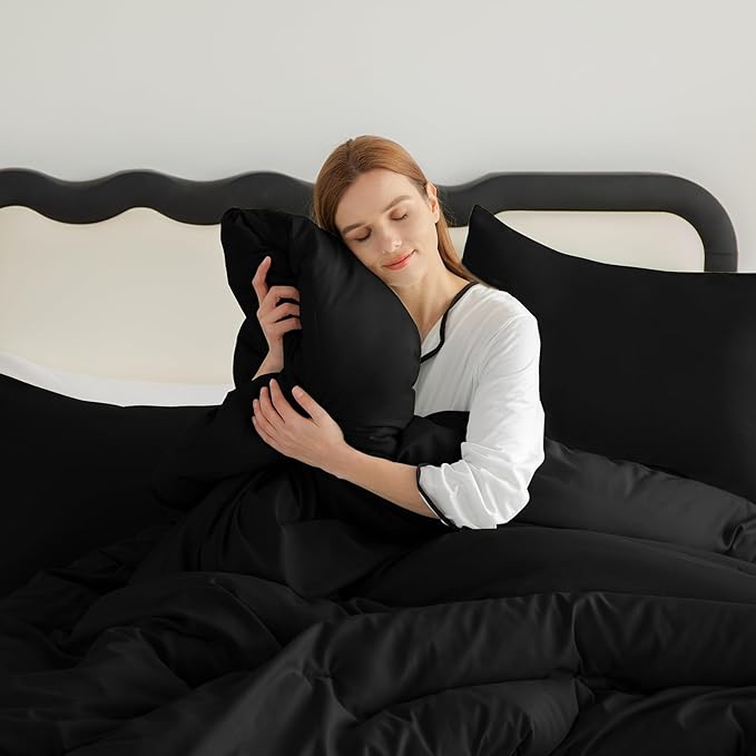 CozyLux Comforter Full Size Set Black, 3 Pieces Solid Lightweight Soft Bed Set for All Season, Luxury Breathable Quilted Style Microfiber Down Alternative Bedding Sets (1 Comforter & 2 Pillowcases)