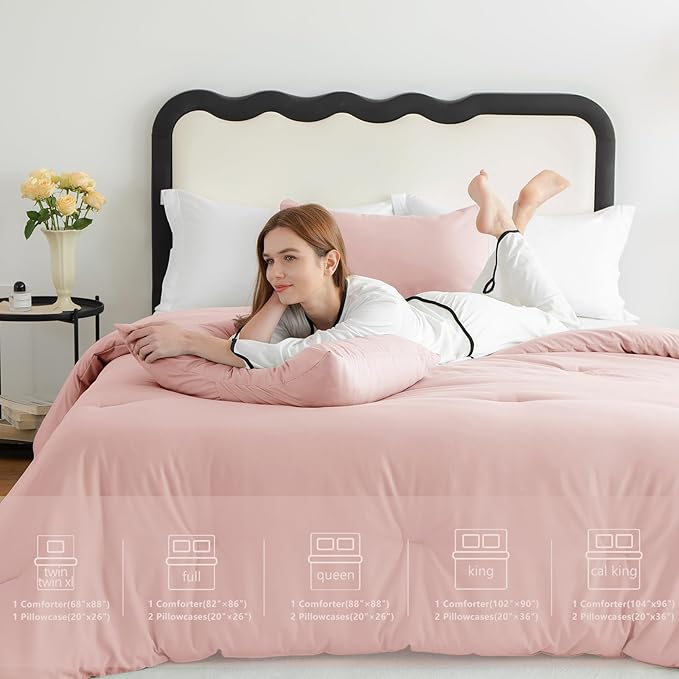 CozyLux Blush Pink Comforter Set Full Size for Girls, 3 Pieces Women Solid Breathable Quilted Boho Style Bedding Sets, Luxury Fluffy Soft Microfiber Comforter & 2 Pillowcases All Season
