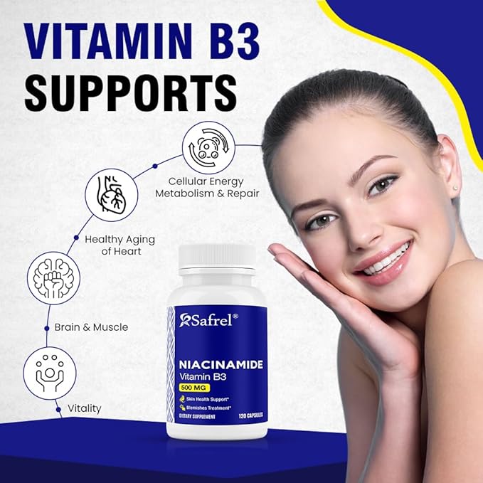 Safrel Niacinamide 500mg (Vitamin B3) - 120 Capsules - Skin Health & Blemish Support - Non-GMO, Gluten-Free - Flush-Free Formula - for Men and Women’s Health