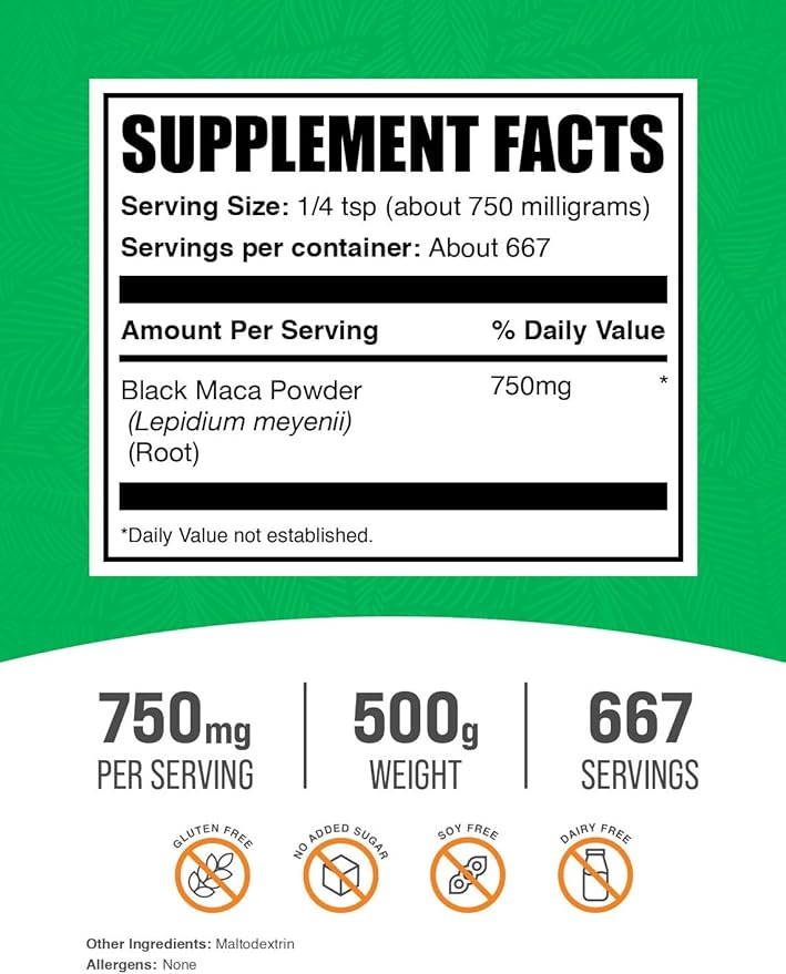 BulkSupplements Black Maca Powder - Maca Supplement, from Black Maca Root - Black Raw Maca, for Men & Women - Vegan, Gluten Free, 750mg per Serving, 500g (1.1 lbs) (Pack of 1)