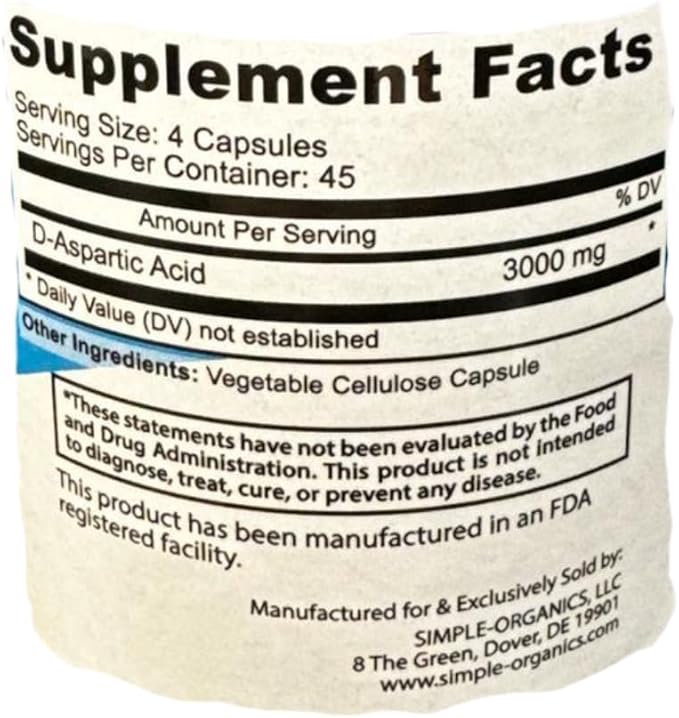 D-Aspartic Acid Supplement, No Gluten, Binders or Fillers, Dietary Pills for Energy Support, 3000mg D-Aspartic Acid per Serving, 180 Non-GMO Vegan Capsules