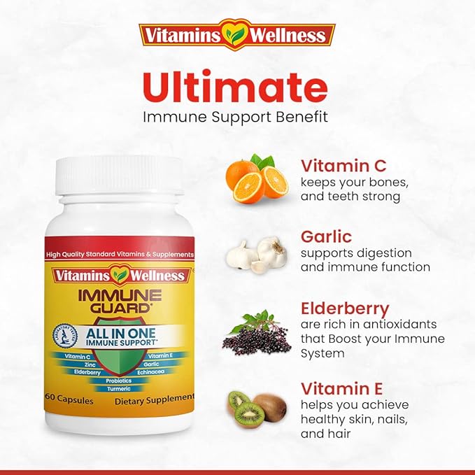 -10 in 1- Made in USA Immune Support Supplement–Elderberry Immune Guard and Booster with Zinc and Vitamin C, Vitamin B6, Turmeric, Garlic, Echinacea 60 Count/1 Month Supply