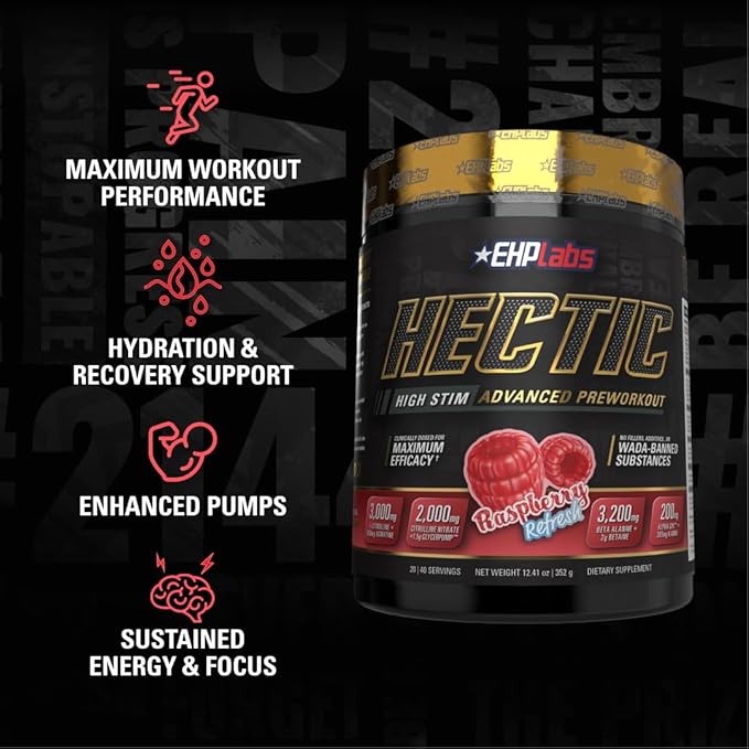 EHP Labs Hectic PreWorkout - High Stim Advanced Pre Workout Powder for Max Performance - Caffeine, Beta Alanine, Coconut Water - Energy, Pump, Recovery & Hydration - 40 Serves (Raspberry Refresh)