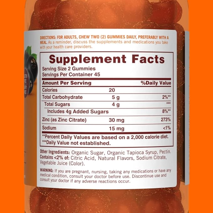 Sundown High Potency Zinc Gummies, 30mg, Supports Immune System Health, Elderberry Flavor, 90 Gummies