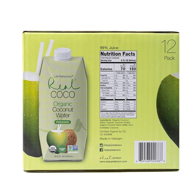 Real Coco Organic Pressed Coconut Water (12-Pack 500mL), USDA Organic, No Sugar Added, Essential Electrolytes, Plant Based, NON GMO, Dairy & Soy Free