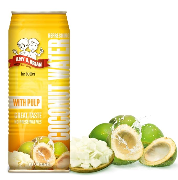 Amy & Brian Pure Coconut Water with Pulp, Non-GMO, No Sugar Added, Refreshing and Hydrating Real Coconut Water, 17.5 Fl Oz (Pack of 12)