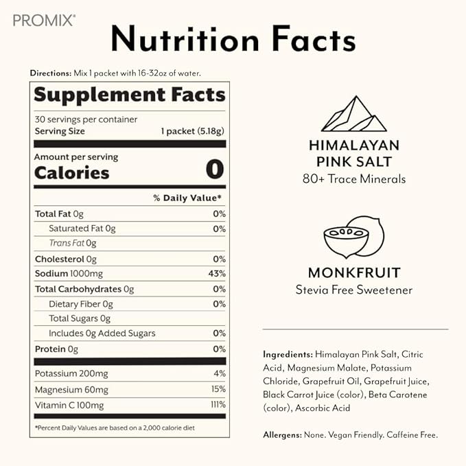 ProMix Nutrition Electrolytes Powder Hydration Packets | Himalayan Pink Salt, Magnesium, Potassium, Vitamin C | Sugar Free - 30 Count