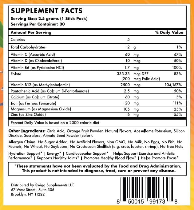 Sugar Free Electrolytes Powder Packets - Hydration Vitamin Water Drink Mix - 2500 mcg B12, C + D + B6, Folate, Iron Zinc + More Essential Elements Daily Multi Vitamins - Hydration Packets Sugar Free