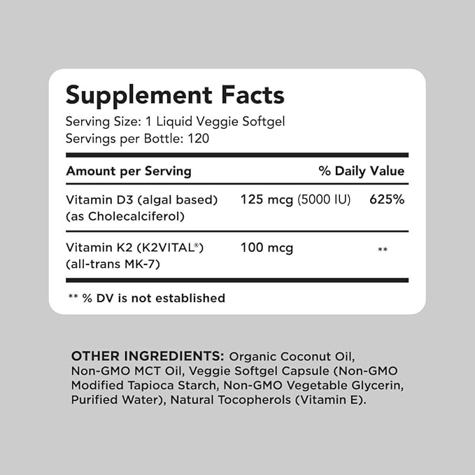 Vegan Powerhouse Combo. Omega-3 from Algal Oil & Vitamin D3 + K2. Plant-Based 5000 iu VIT D from Algae. 100 mcg All-Trans MK-7 Vita K. Carrageenan Free Veggie Softgels.
