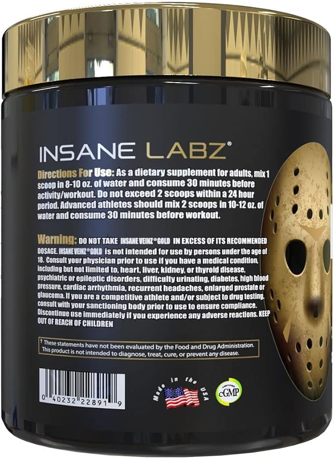 Insane Labz Insane Veinz Gold, Nitric Oxide Non Stimulant pre Workout Powder, Loaded with Hydromax, Nitrosigine, Increases Vascularity and Blood Flow, 30 Srvgs, Apple