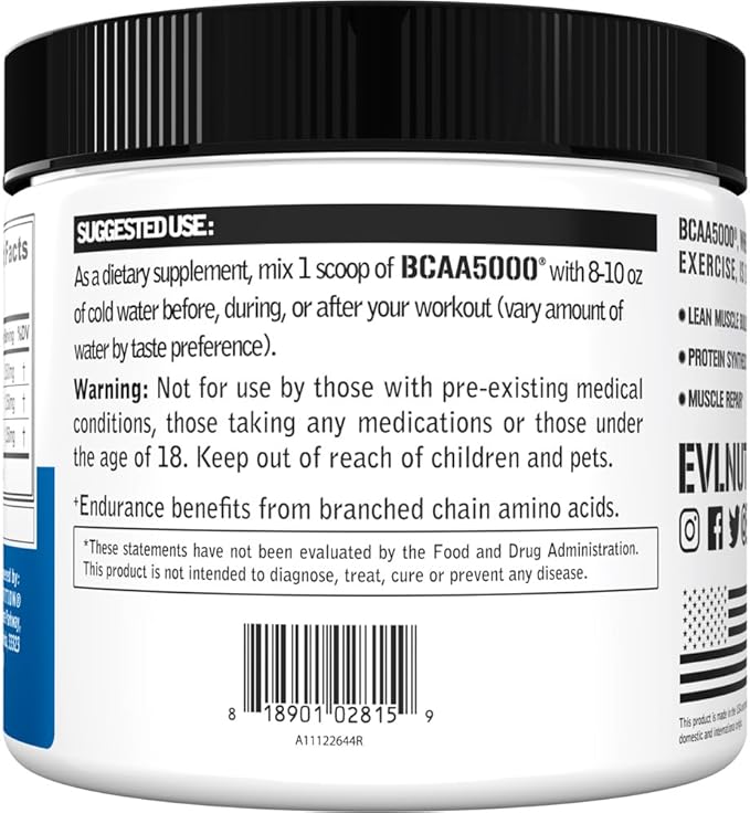 Evlution EVL BCAAs Amino Acids Powder - BCAA Powder Post Workout Recovery Drink and Stim Free Pre Workout Energy - 5g Branched Chain Amino Acids Supplement for Men - Unflavored