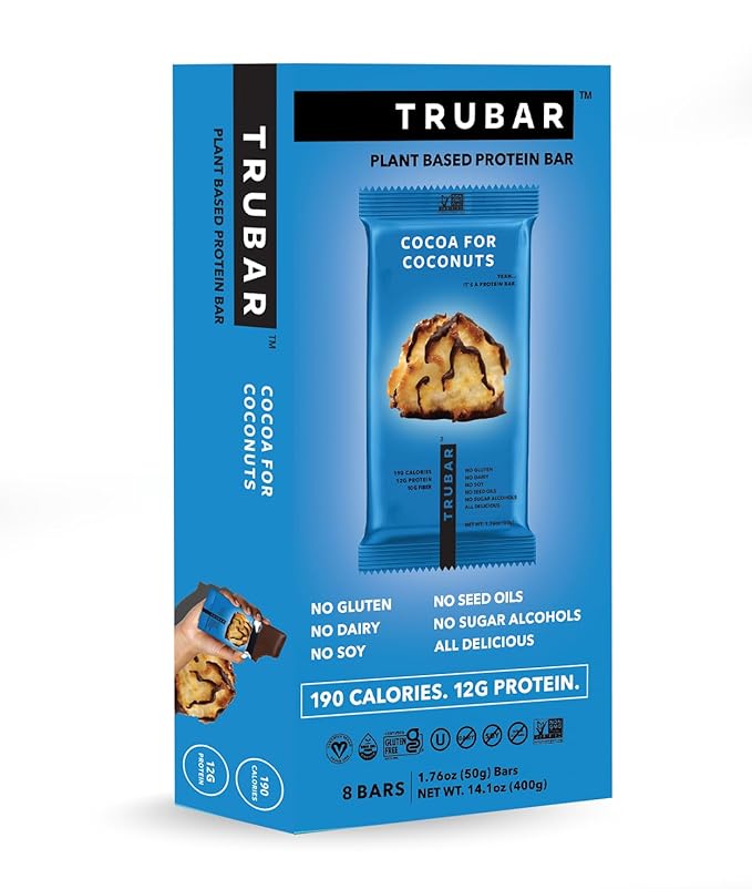 TRUBAR Vegan Protein Bar, Cocoa For Coconuts, Gluten Free, Plant Based Protein, Dairy Free, Non GMO, Soy Free, No Sugar Alcohols, 12G Protein, 12G Fiber, 23G Carb, On the Go Snack Bars, 8ct