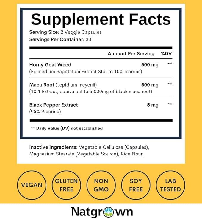 Natgrown Horny Goat Weed and Maca Root Extract Supplement for Men & Women (Epimedium Extract, Hornygoatweed) Vegan Capsules - 60 Ct