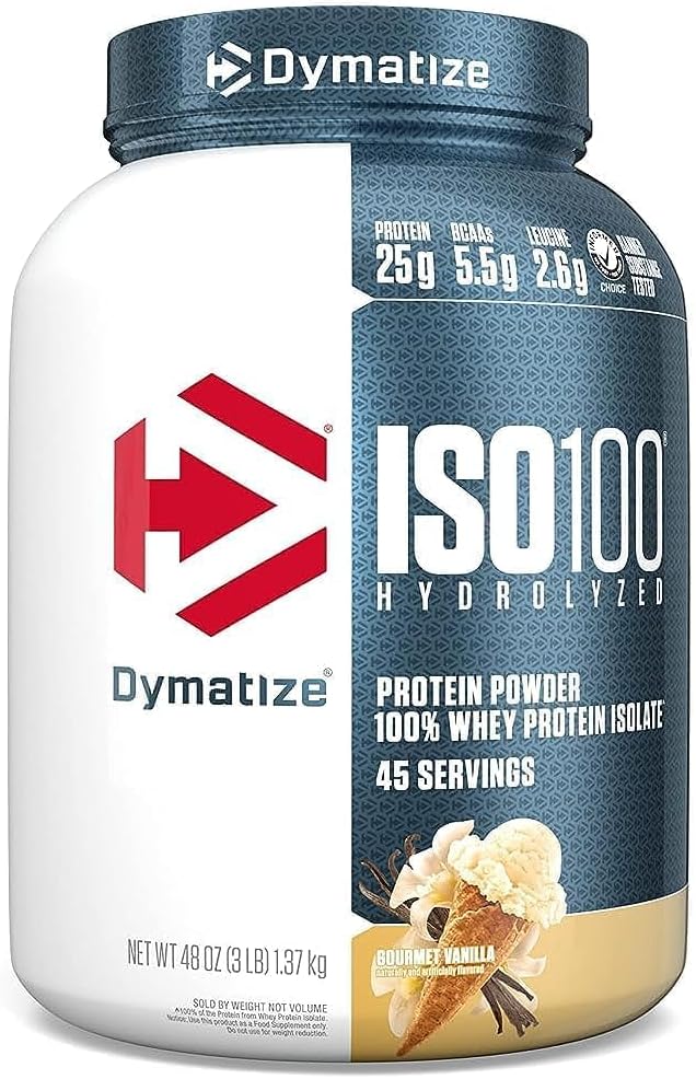 Dymatize ISO100 Whey Protein Powder Isolate, Vanilla, 25g of Protein, 3 Pound, 5.5g BCAAs, Less Than 120 Cal., Gluten Free, 1g Fat, 1g Sugar, 2g Carb