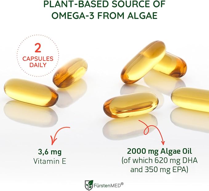 FürstenMED® Algae Oil Vegan Omega 3 - Heart, Brain & Joint Health Support - 2000mg Algae Oil of which 700mg DHA & 320mg EPA + 3,6mg Vitamin E per Daily Dose - Essential Fatty Acids