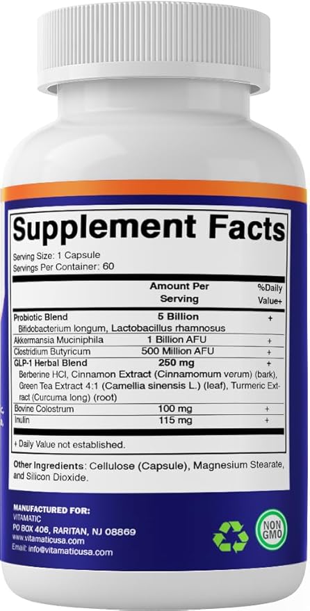 Vitamatic GLP-1 Support Supplement for Men & Women 60 Capsules - Made with Akkermansia, Probiotics, Prebiotic, Clostridium, Berberine, Cinnamon, Green Tea, Turmeric & Colostrum