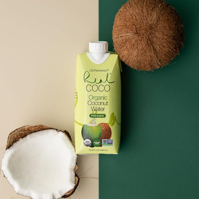 Real Coco Organic Pressed Coconut Water (12-Pack 500mL), USDA Organic, No Sugar Added, Essential Electrolytes, Plant Based, NON GMO, Dairy & Soy Free