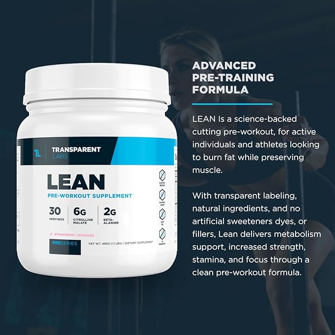 Transparent Labs Lean Pre-Workout - Body Recomposition Pre Workout for Men and Women with Acetyl L-Carnitine, Beta Alanine Powder, & PurCaf Organic Caffeine Powder - 30 Servings, Strawberry Lemonade