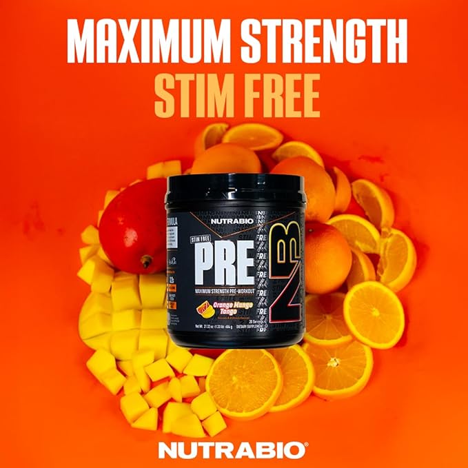 NutraBio STIM-Free PRE Workout for Men, New Formula | Laser Focus, Extreme Pumps | Performance, Endurance | 10g Citrulline, Beta Alanine, Nitrates, Nootropics, Electrolytes - 20 Servings Orange Mango