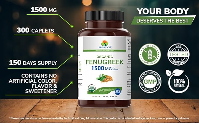 Brieofood Organic Fenugreek 1500mg, 150 Servings, Vegetarian, Gluten Free, 300 Vegetarian Tablets