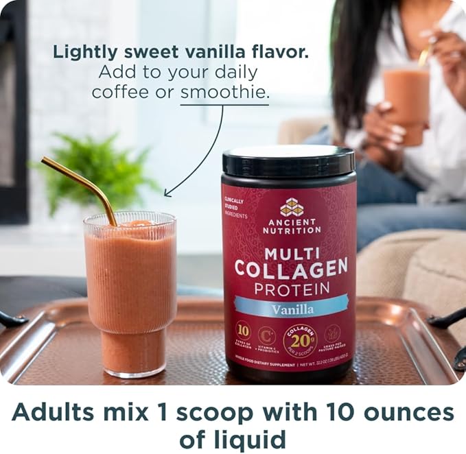 Ancient Nutrition Hydrolyzed Collagen Peptides Powder with Probiotics, Vanilla Multi Collagen Protein for Women and Men with Vitamin C, 24 Servings, Supports Skin and Nails, Gut Health, 8.9oz