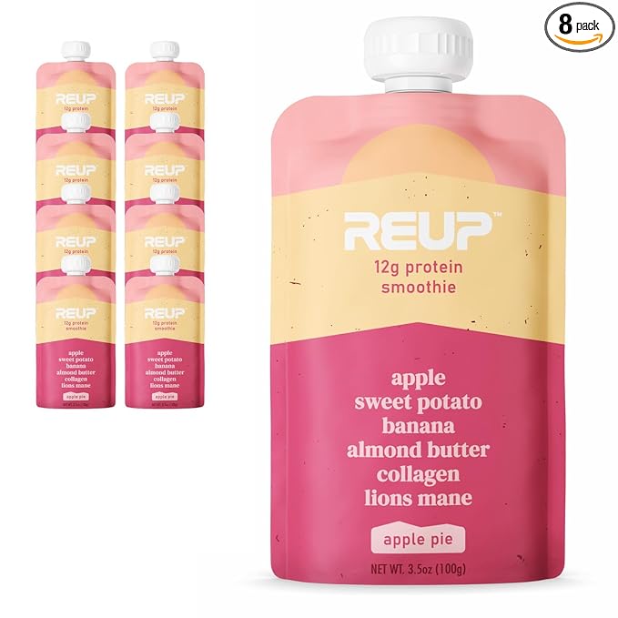 Reup Collagen Protein Smoothie - 12g Protein, 10g Collagen, Dairy Free, Ready to Drink - High Protein Snacks for Adults, Dairy Free Protein Shakes, Protein Pouches Adult, Smoothie Pouches - 8 Count