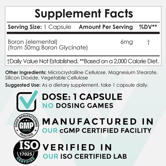 Nootropics Depot Boron Glycinate Capsules | 50mg | Delivering 6mg Elemental Boron | Testosterone, Inflammation, Immune, & Cognitive Support | 365 Count