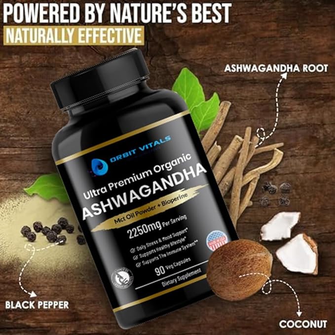 Organic Ashwagandha, 2250 mg - Premium Ashwagandha Root Extract with MCT Oil Powder & Black Pepper for Superior Absorption - Improves Focus, Mood Support, Increase Energy, Strength - 90 Capsules