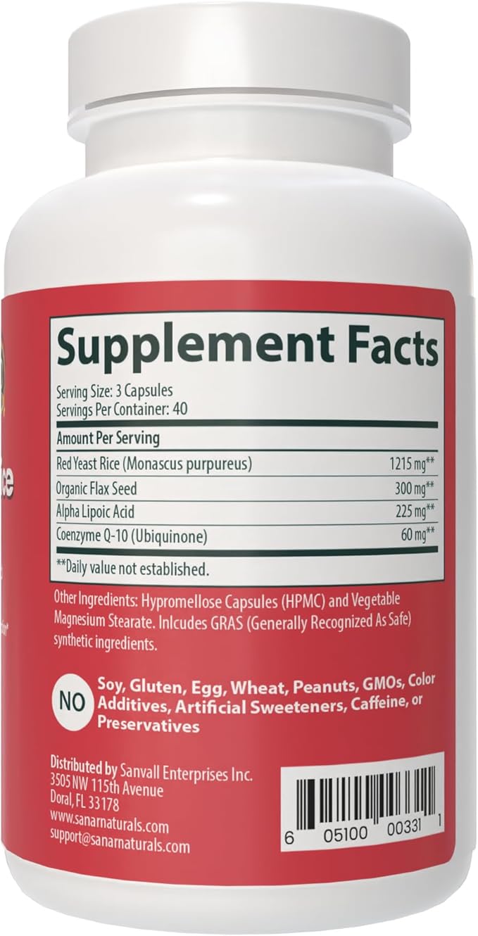 Sanar Naturals Red Yeast Rice, CoQ10 Supplement - Supports Healthy Heart Function, Energy, and Stamina - Non-GMO, Gluten Free, Vegan, 120 Capsules