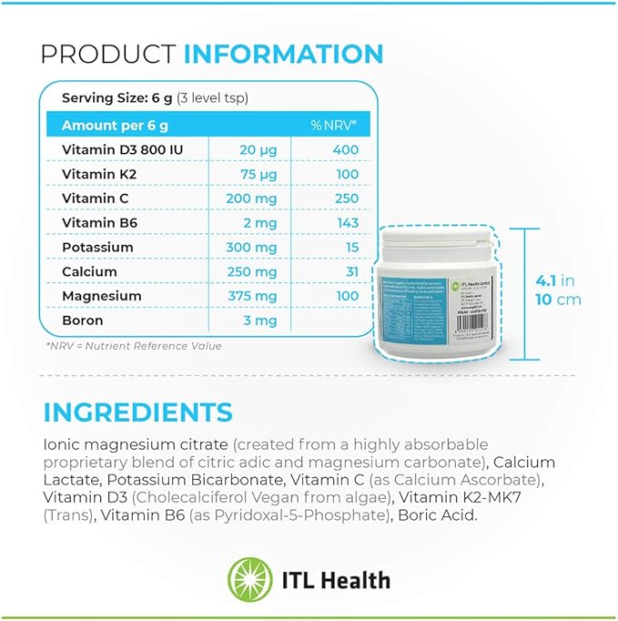 ITL Health BF Plus Calcium Zinc Magnesium Powder with D3, K2, C, B6, Boron, Zinc and Potassium | for Optimal Bone Health, and Immune Support (Unflavored, 360g)