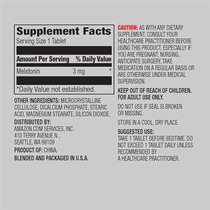 Amazon Elements Melatonin 3mg, Helps with occasional sleeplessness, Vegan, Unflavored, 260 Tablets, 8 month supply (Packaging may vary)