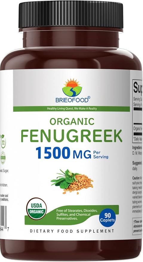 Brieofood Organic Fenugreek 1500mg, 45 Servings, Vegetarian, Gluten Free, 90 Vegetarian Tablets